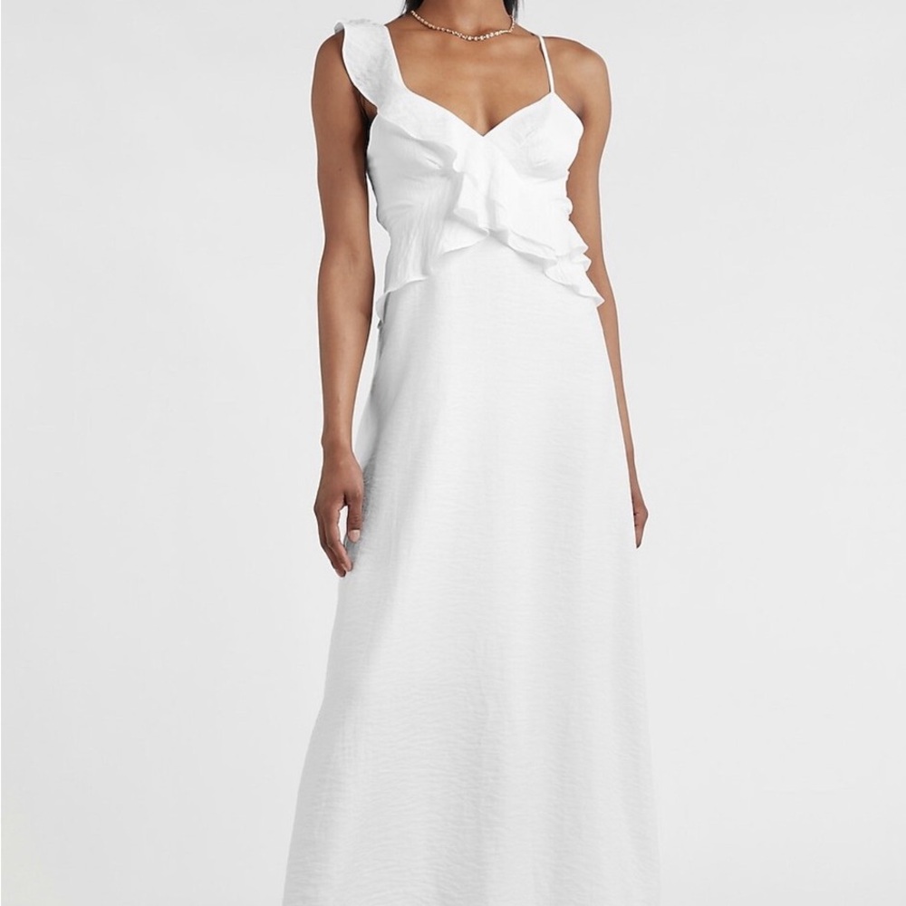 Express Asymmetrical Strap White Ruffle Maxi Dress XS